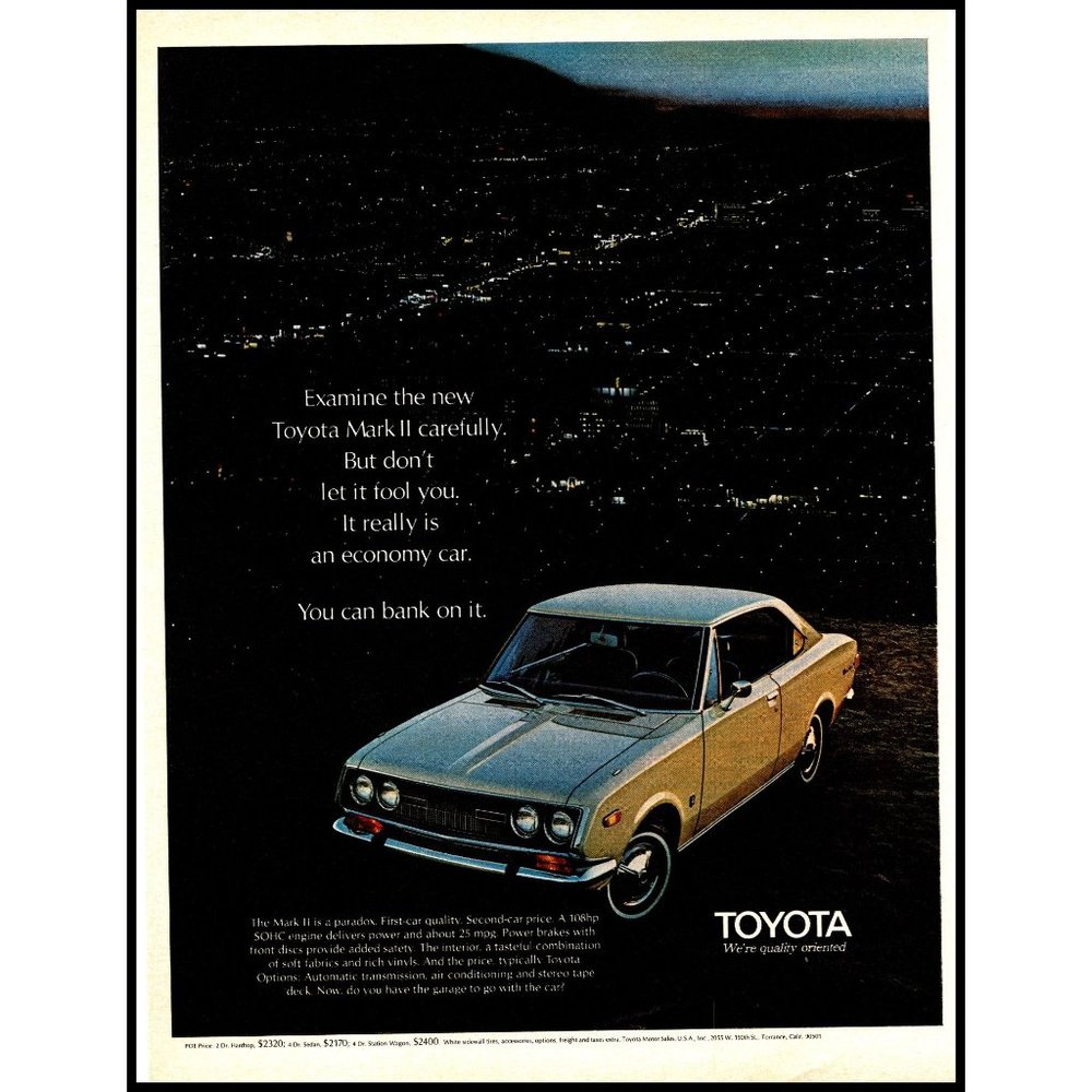 1970 Toyota Mark II 2 Door Sedan Vintage Print Ad Valley City at Night Wall Art